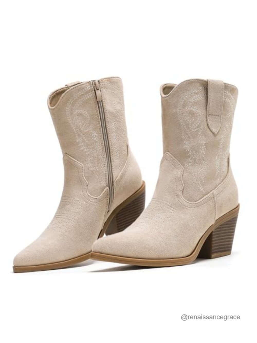 Faux Suede Embroidered Cowboy Ankle Booties Pointed Toe Western Boots